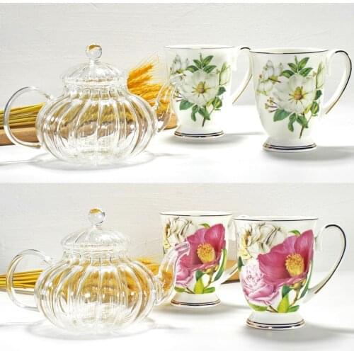 3pcs set, pumpkin glass tea pot and bone china espresso cup set, taza coffee gift, coffee dispenser pot, for service a cafe