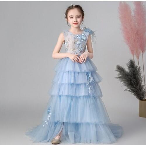 Flower Girl Dresses Illusion O-Neck Sleeveless Appliques Crystal Embroidery Princess Tulle Lace Sky Blue Kids Party Gown H660
