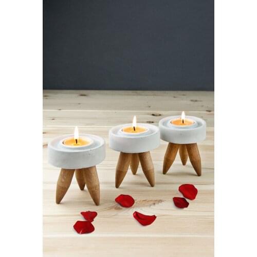 Tasarımbo Gift Accessories Solid Wood Floor Standing Triple Concrete Candle Holder Set Decorative Candle Holder Set, Special Design (3 Piece)