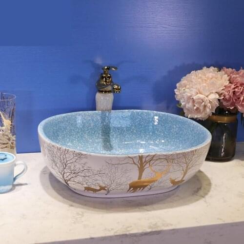Europe Style Handmade Countertop Ceramic Bathroom Basin china art basin oval colorful Bathroom Sink ceramic wash basin