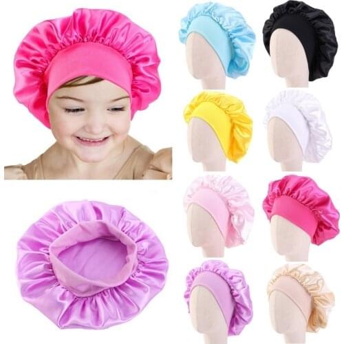 FOCUSNORM 8 Colors Kids Girls Boys Silky Satin Bonnet Cap Turban Hat Wide Elastic Bands Night Sleep Cap