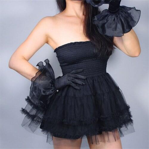 Silk Lace Gloves Elastic Mercerized Silk Satin Black Ultra Short Large double-Layer Mesh Organza Ruffle Women Gloves WSG02