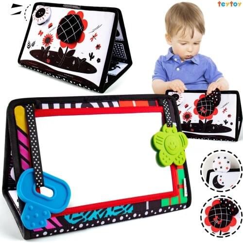 Teytoy Tummy Time Baby Mirror Toys, High Contrast Floor Activity Mirror, Black and White Baby Teethers Toy for Newborn Infant