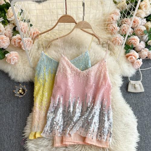 European Summer New Glittering Gradient Sequins Sleeveless Lining All-match Sling T-shirts Women Tops Fashion Streetwear 2021