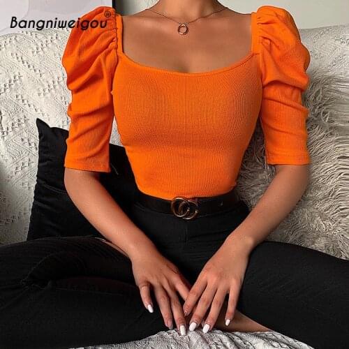 Bangniweigou Puff Sleeve Square Neck Knit Crop Top Tshirt Women Shirt Spring Autumn Elastic Chic Work Out T Shirt White Orange