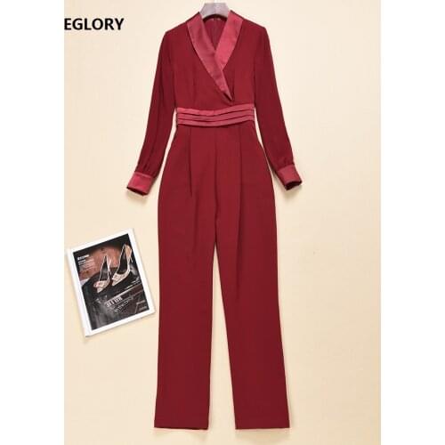 High Quality Jumpsuits & Rompers 2020 Autumn Style Women Notched Collar Color Block Patchwork Long Sleeve Skinny Pants Overalls