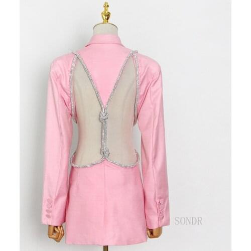 Cut Out Open Back Chains Long Blazer Backless Jacket 2021 Pink Blazers for Woman with Pockets Lapel Tailored Coat Ladies Outwear