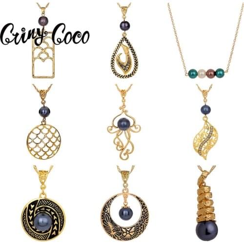 Cring Coco Hawaiian Trendy Polynesian Necklace for Women 2020 Original Design Gold Plated Pearl Long Chain Geometric Necklaces