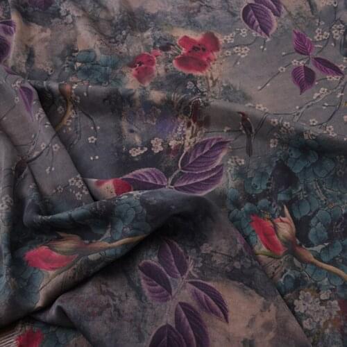 100CM Wide 20MM Floral Print Brown Purple Stretch Gambiered Guangdong Silk Fabric for Summer Spring Dress Shirt H211