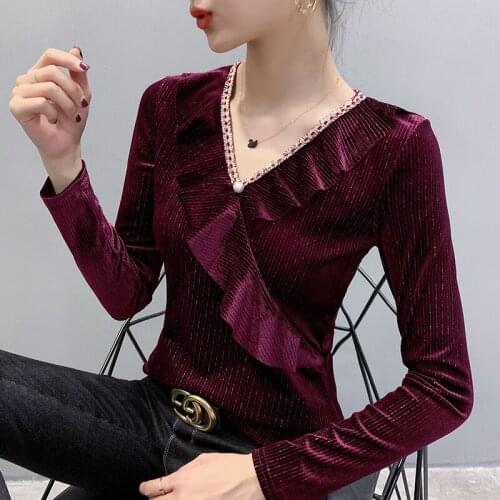 #5680 Black Red Womens Tee Shirts Black Red V Neck Spliced Ruffles Sexy Fashion Long Sleeve T Shirts Slim Top Spring Autumn 2021