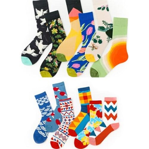 6 pairs /set happy funny women/men socks combed cotton bird flower fish cloud sock comfortable breathable for couple
