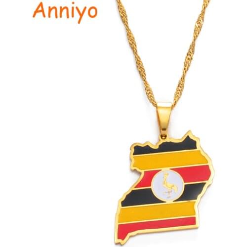 Anniyo Uganda Map & Flag Pendant Necklace Gold Color Jewelry Ugandan Maps for Women Men #155121