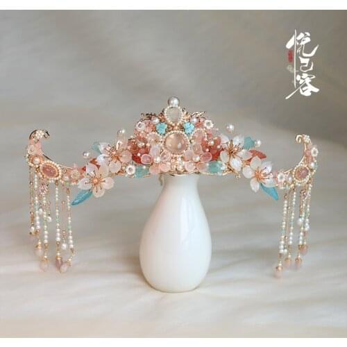 Banquet Qionglin Archaistic Headdress Duobao Pink Crystal Pearl Large Garland Tassel Suit Hanfu Bo Temple Hair Accessories