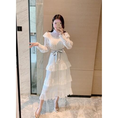 Lantern Sleeves Ruffles White Long Dress Ruched Folding Spring Stand Neck Casual Ball Gown Vestidos Dresses Clothes