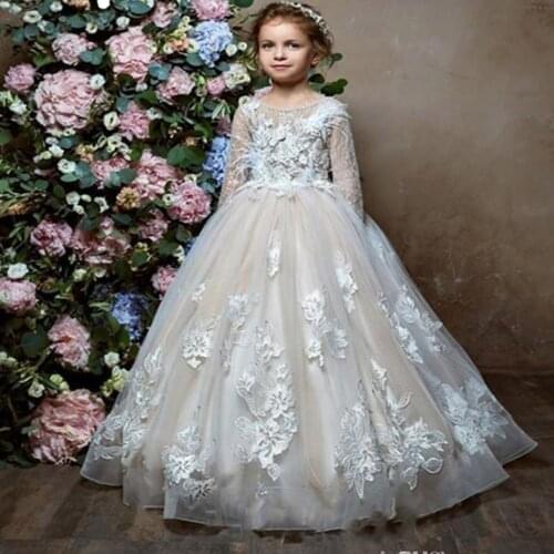 Flower Girls Dresses Lace Appliques Sheer Girls Pageant Dress Beaded Custom Made Kids Formal Dress Birthday