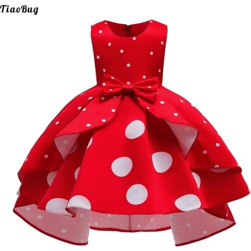 TiaoBug Kids Girls Summer Polka Dot Dress Round Neck Sleeveless Semi-Fixed High-Low Hem Bowknot Party Wedding Birthday Costume