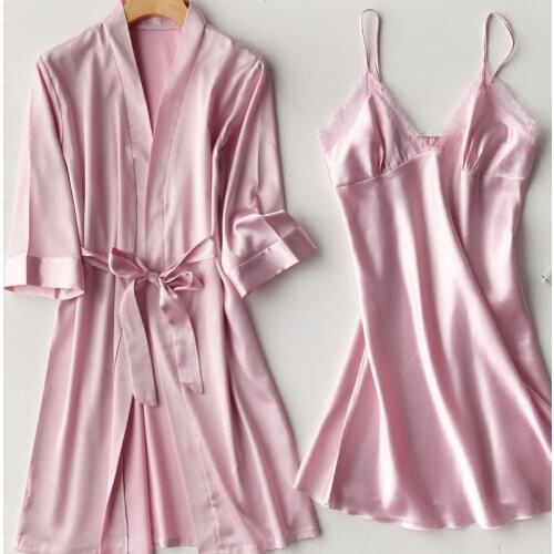 Robe Set For Women Satin Kimono Bathrobe Gown Summer New Sleepwear Two Piece Lounge Wear Sexy Intimate Lingerie With Lace