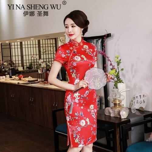 Chinese Satin Cheongsam Printing Short Dress Women Slim Retro Daily Banquet Dress China Lace qipao Evening Brocade Cheongsam New