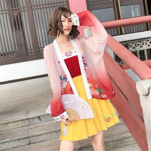 Hanfu Three-Piece Set Girls Improved Chinese Style Traditional Fairy Folk Kimono Summer Short Skirt Suit Chinese Clothes KK3657