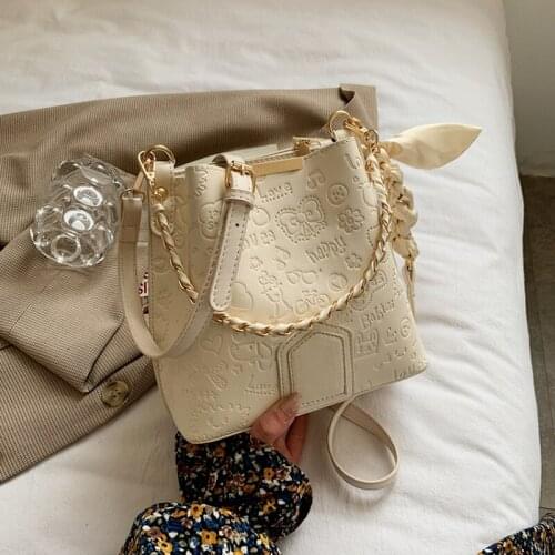 Fashion Large Capacity Bucket Bag for Women Embossed Cartoon Pattern Shoulder Bag Ladies Casual Solid Color PU Messenger Bag