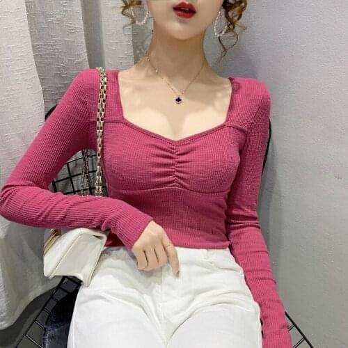 2021 New Spring Autumn European Clothes Sexy Slash Neck T-Shirt Women Tops Long Sleeve Bottoming Shirt Tees Hot Selling