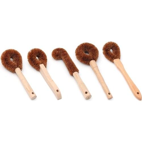 P82C Kitchen Wooden Handle Long Cleaning Brush Dish Bottle Washing Tool Coconut Fiber Pan Pot Scrubber for Bathroom Toilet with