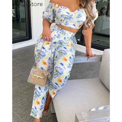 Sexy Sets Floral Print Short Sleeve Cropped T-shirts With Pants