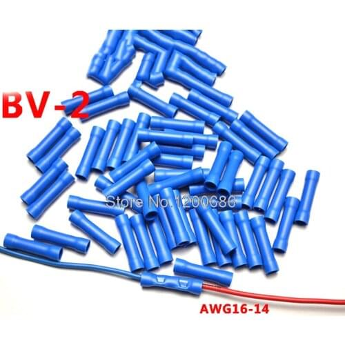 Blue BV2 16-14 AWG BV-2 100 Pcs Wiring Connecting 16-14 Gauge Insulated Straight Wire Butt Electrical Crimp Terminal