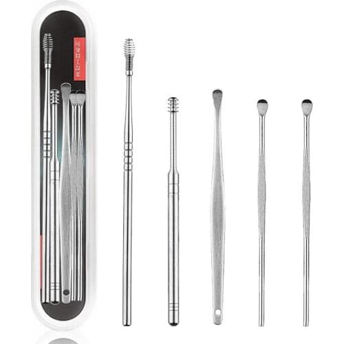 5Pcs Stainless Steel Spiral Spring Ear Picks Spoon Wax Removal Cleaner Pickers set with Box Health Care Ear Care