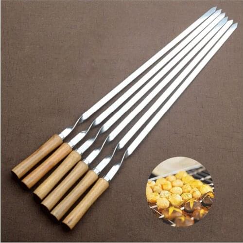 6PCS Outdoor Stainless Steel BBQ Fork With Wooden Handle Barbecue Skewers Fork Thickened Needle Barbecue Flat Sign
