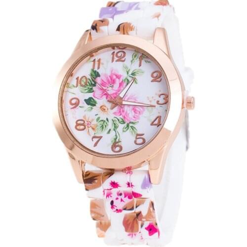 Vintage Women Watch Flower Print Silicon Band Clock Arabic Numerals Alloy Dial Quartz Wrist Watch reloj mujer Ladies Watch Luxu