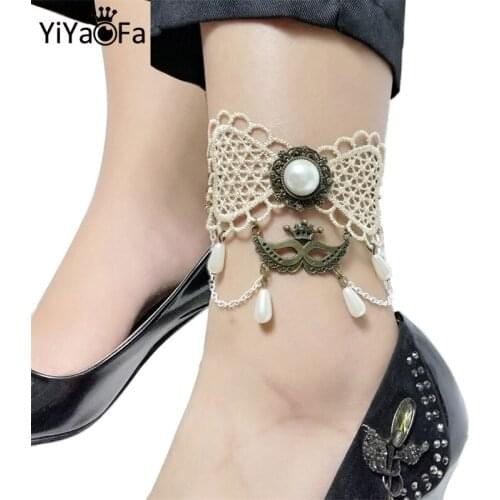 YiYaoFa Handmade Gothic Jewelry Vintage Lace Tassel Anklets for Women Accessories Summer Lady Foot Jewelry LA-20