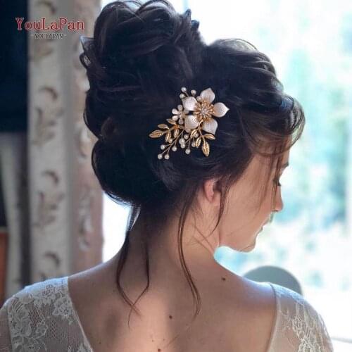 YouLaPan HP359 Luxury Golden Alloy Flower Wedding Hair Clips Handmad Pearls Bridal Hair Forks Rose Gold Leaf Bridal Comb