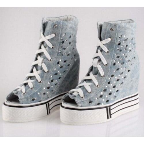 Super breathable women high top lace up canvas rhinestone summer boots fashion platform elevator cut-out denim wedge casual shoe