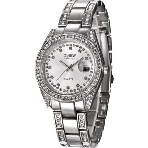 Women Stainless Steel Band Fashion Rhinestone Date Calendar Quartz Wristwatches XINEW Ladies Dress Watch Luxe Relojes Mujer 2018