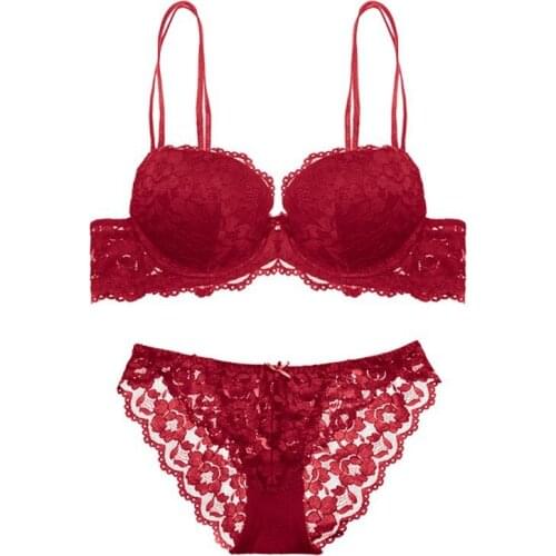 Women Embroidery Flowers Push Up Bra Set Deep V-neck Thickening Underwear Sexy Lace Thin Thick Double Shoulder Strap Bra Set
