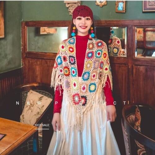 Bohemian retro fringed shawl scarf female autumn and winter take Western style wild handmade hollow triangle scarf
