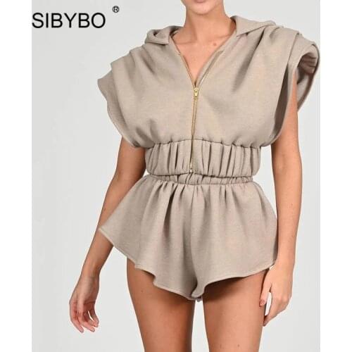 Sibybo Two Piece Set Womens Shorts And Top Set Summer Sleeveless Hoodied Casual Outfits Femme Streetwear Loose Tracksuit 2021