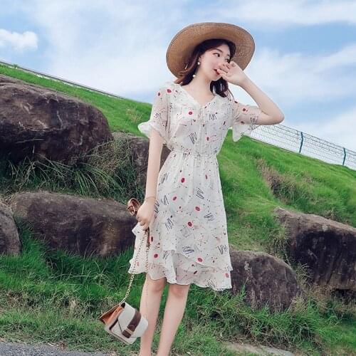 Summer Women Short Sleeves Midi Dress Sexy Ruffles Lace Up V Neck Swing Dress Tie Waist Chic Print White Chiffon A-Line Dress