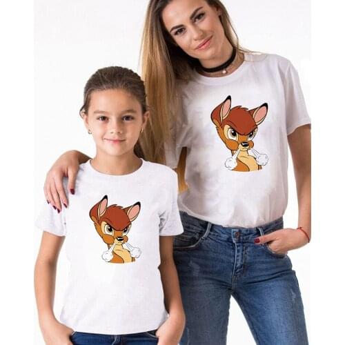 2021 Angry Bambi Funny Family Matching T Shirt Summer White O-neck Cartoon Kawaii Baby Kids Tshirts Children Boys Girls Tee Tops