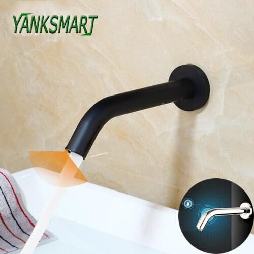 YANKSMART Black Chrome Bathroom Faucet Wall Mount Sensor Faucet Automatic Hands Free Touch Sensor Basin Sink Tap Faucet