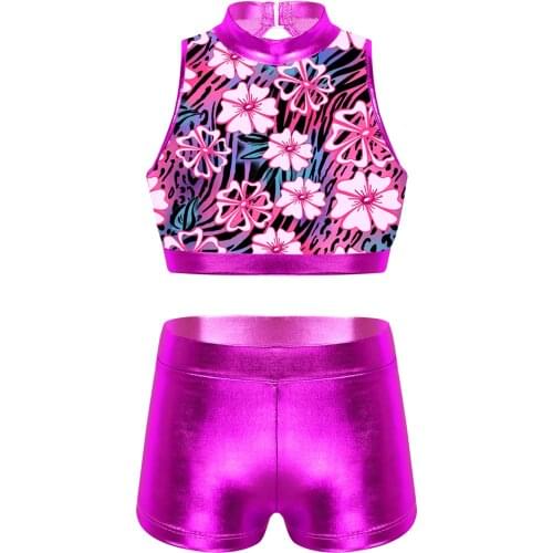 Kids Girls Dancewear Outfit Sparkly Sequins Sleeveless Crop Top with Bottoms Set for Jazz Tap Hip Hop Dance Stage Performance