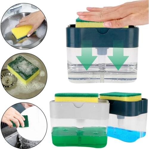 385ml Soap Organizer Cleaning Liquid Dispenser Container Manual Press Soap Pump With Sponge Holder Kitchen Tool