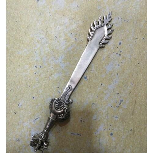 Collectible Old Tibetan Silver Buddhist instruments Carved Dragon head Vanquishing sword statue/long 25CM