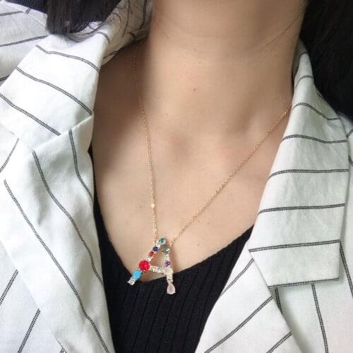 Colorful Rainbow Crystal Zicronia Alphabet Letter Pendant Necklace For Women, CZ Micro Pave Big Alphabet Pendant Necklace Gift