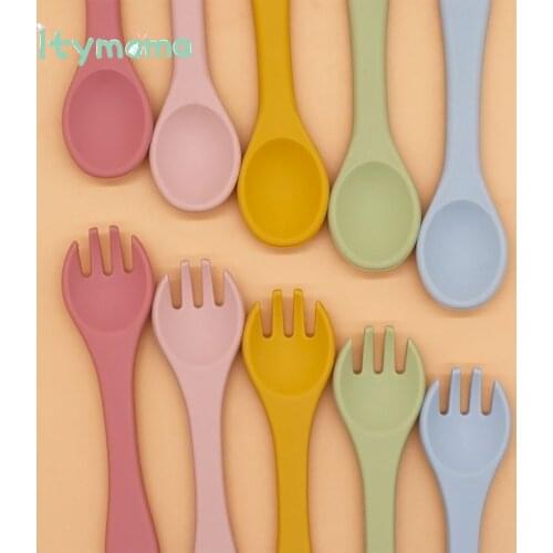 2pcs Baby Feeding Spoon Fork Set Food Grade Silicone Tableware Wooden Spoon Dinnerware Baby Training Infant Spoon Soft BPA Free