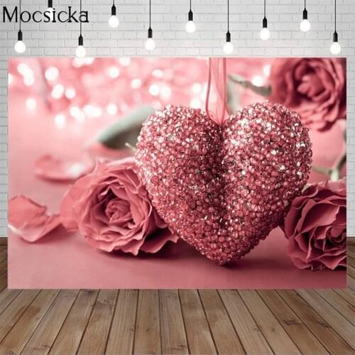 Mocsicka Valentines Day Pink Crystal Love Heart Rose Backdrop Wedding Photography Background Romantic Art Photo Decoration Prop