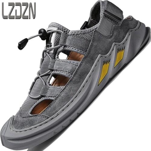 Mens Shoes Summer handmade Closed Toe Sandals For Outdoor Work Breathable Genuine Leather Slippers Casual Beach Drag Travel New