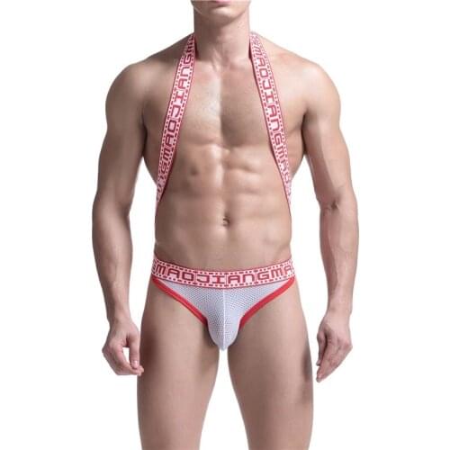 Mens Mesh Undershirts Jockstrap Halter Bodysuit Leotard Bugle Pouch Open Butt Underwear Wrestling Singlet Jumpsuits One-piece
