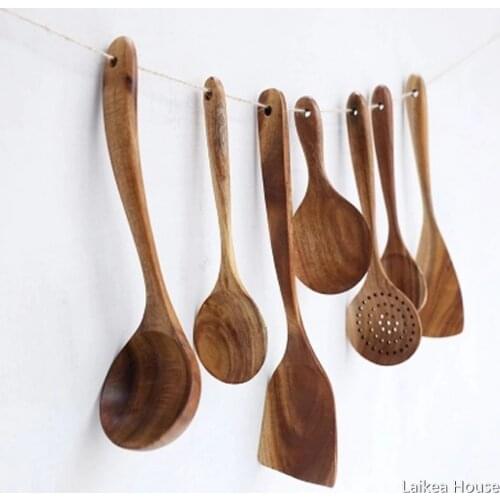 Kitchenware Set Teak Natural Wood Table Spoons Kitchen Tool 7PCS Reusable Cookware Drinking Tools Non-stick Kitchen Accessories